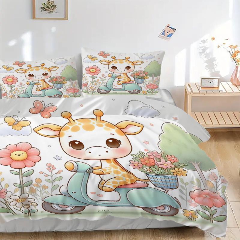 3pcs Cute Giraffe Riding a Bike Bedding Set - Includes Quilt Cover and Pillowcases, Suitable for All Seasons M043