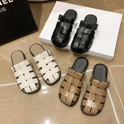 Fashion Women's Hollowed-out Baotou Slippers Spring 2025 One-pedal Flat-bottomed Woven Half-drag Lazy Cool Slippers