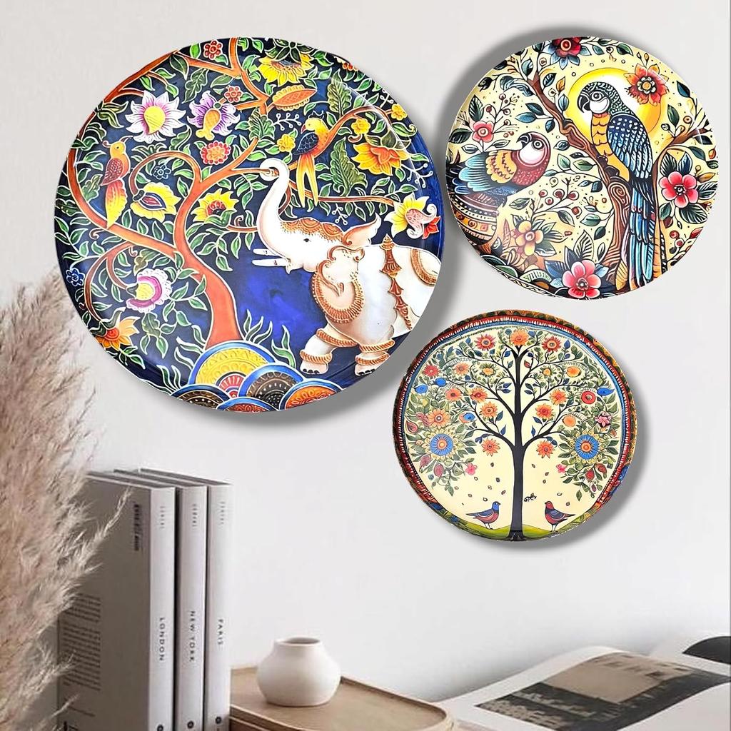 Madhubani Metallwandteller, Wanddekoartikel für Zuhause - 12, 10, 8 Zoll