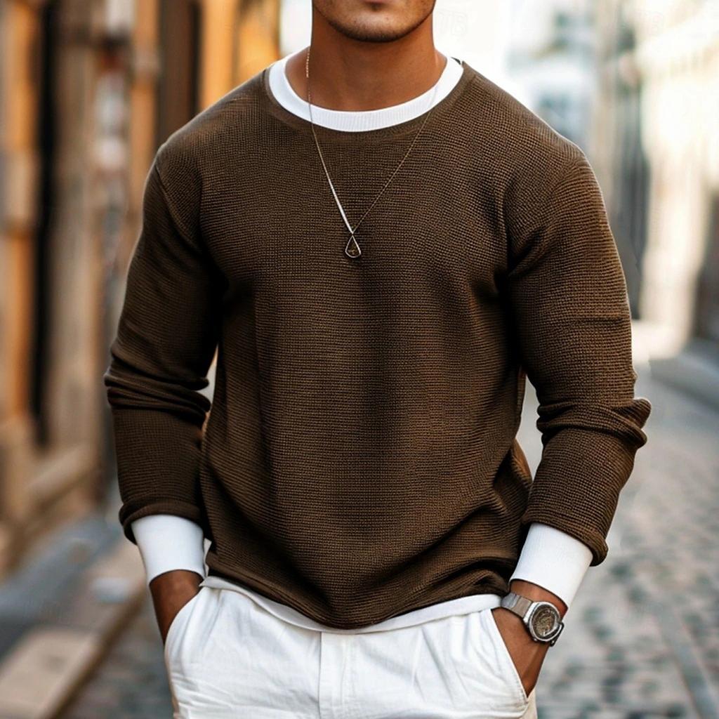 Men's Casual Colorblock Round Neck Pullover Fake Two-piece Long-sleeved Top