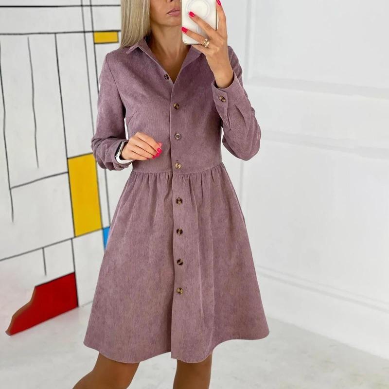 Langärmliges, einreihiges Button-Down-Hemdkleid aus Cord für Damen