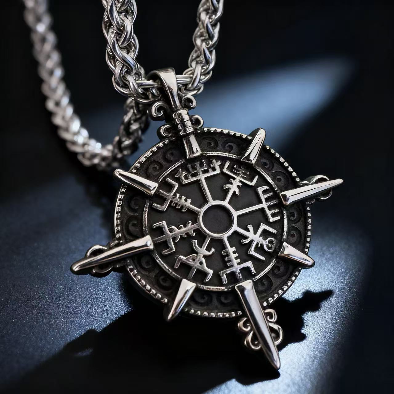 

HNSP 316L Stainless Steel Viking Rune Compass Pendant Chain Necklace For Men Vintage Accessories