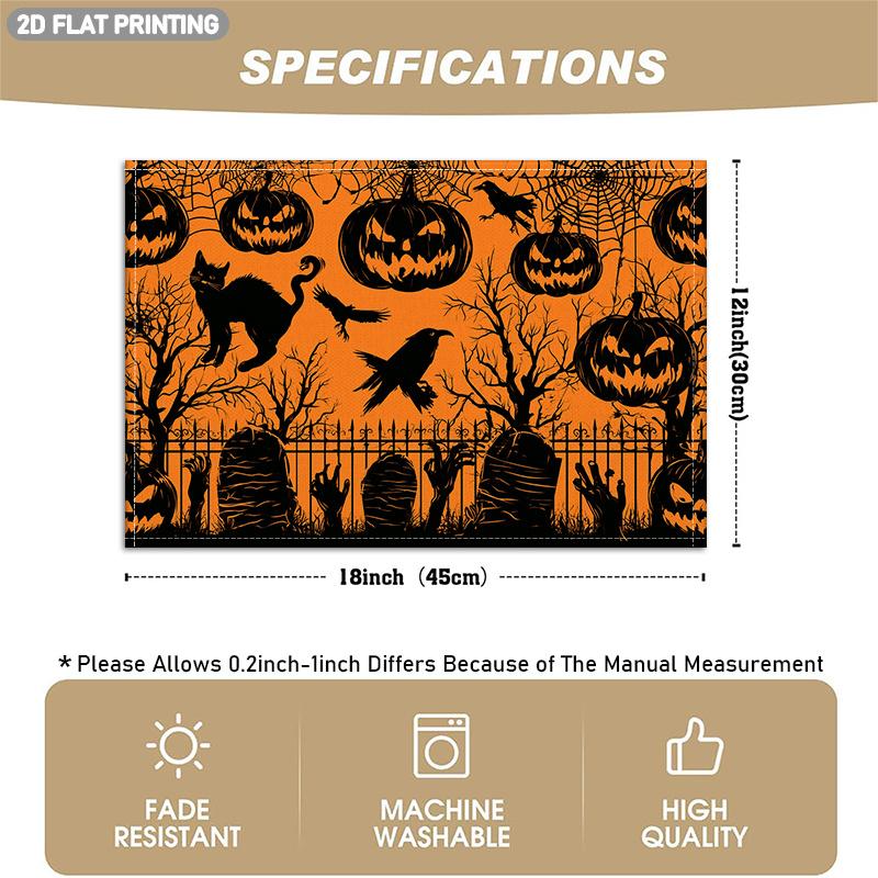 4pcs/6pcs Gothic Placemats Suitable for Halloween Table Decor with Pumpkin, Spiderweb, Black Cat, Crow & Tombstone Patterns - Rectangular Table for Pa