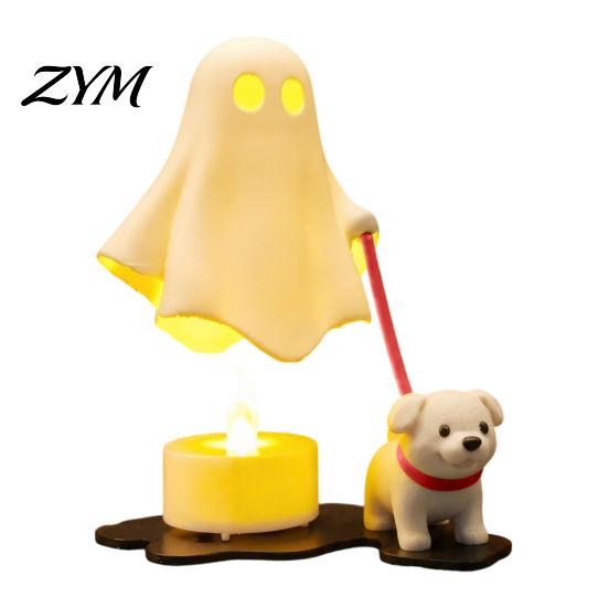 3D Printed Home Decor Halloween Ghost Walking Dog Figurine, Cute Spooky Statue with Modern Bedroom Shelf LED Candle, Tabletop Ornament for Holiday