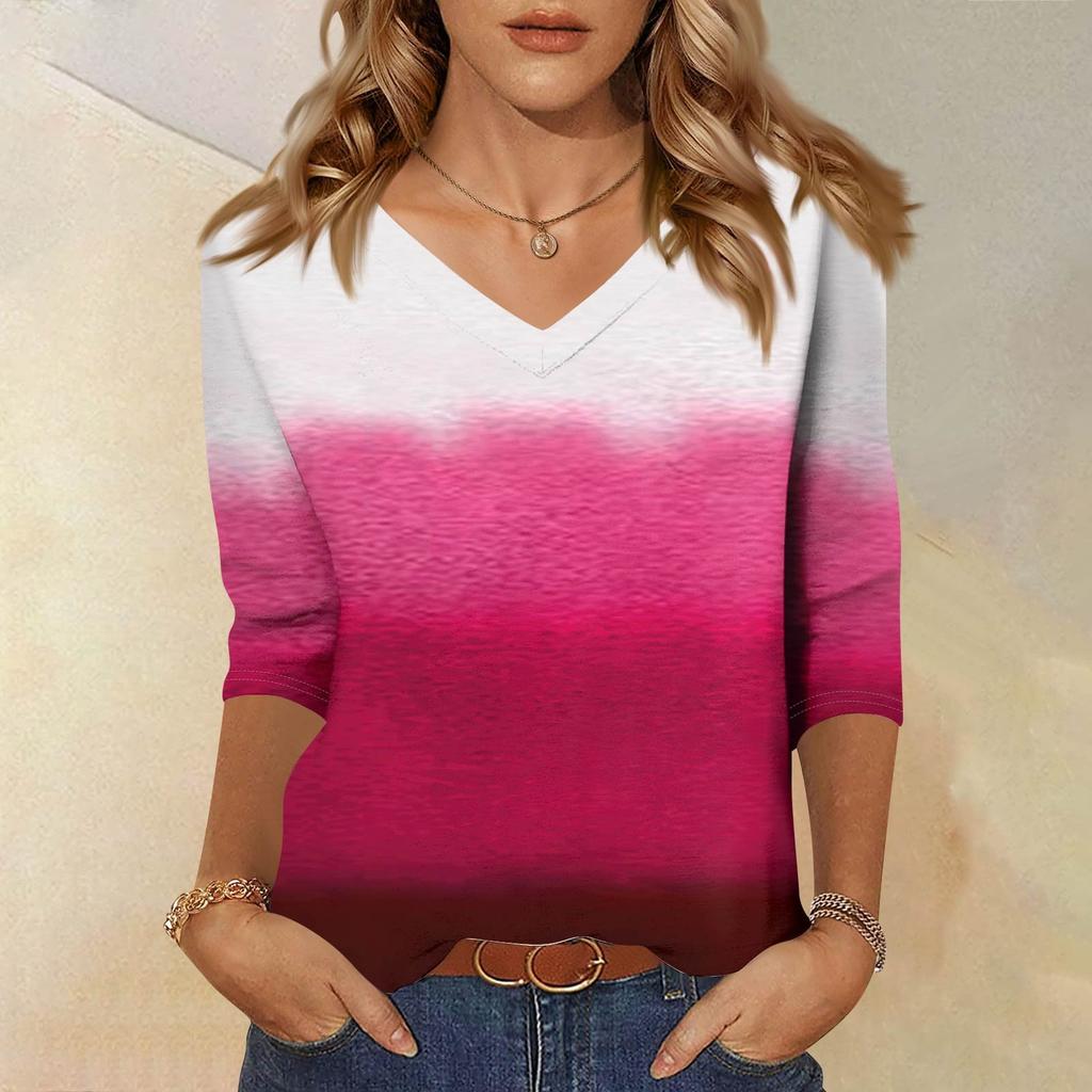 Women's Fashion Casual Three-quarter Sleeve Gradient Printed Round Neck Top