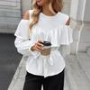 Autumn New Elegant Long-sleeved Ruffled Off-the-shoulder Tie Round-neck Shirt for Women