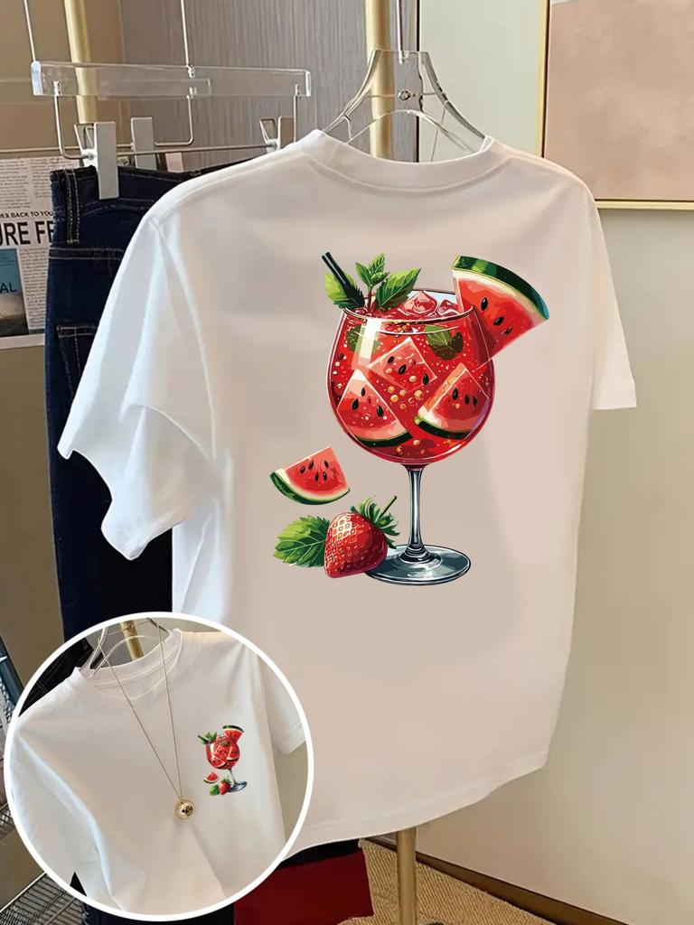 WomenS Summer Watermelon Juice Print Crew Neck Tee with Red Green Fruit Design Harajuku Short Sleeve Casual Aesthetic Clothes