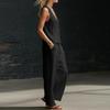 Women's Fashion Color Sleeveless V-neck Button Top With Elastic Waist Pocket Wide Leg Casual Pants Two Piece Set
