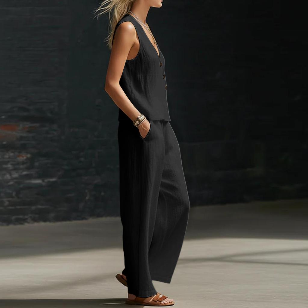 Women's Fashion Color Sleeveless V-neck Button Top With Elastic Waist Pocket Wide Leg Casual Pants Two Piece Set