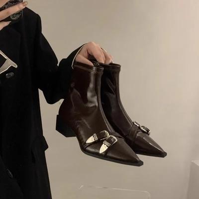 Fashion Women's Fashion Chunky Heel Shoes New Fall Pointy Metal Buckle Side Zipper Mid-heel Comfort Ankle Boots