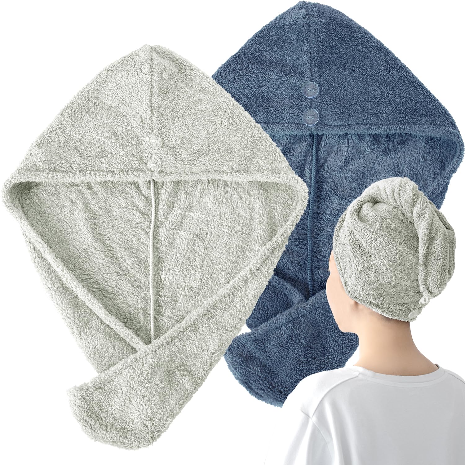 Bloom Hair Drying Cap Windless Hair Dryer Hair Fluffy Hair Towel Hair Drying Towel x 2-Pack Turban, Microfiber, Absorbent, Cap, Cap, (Gray Navy)