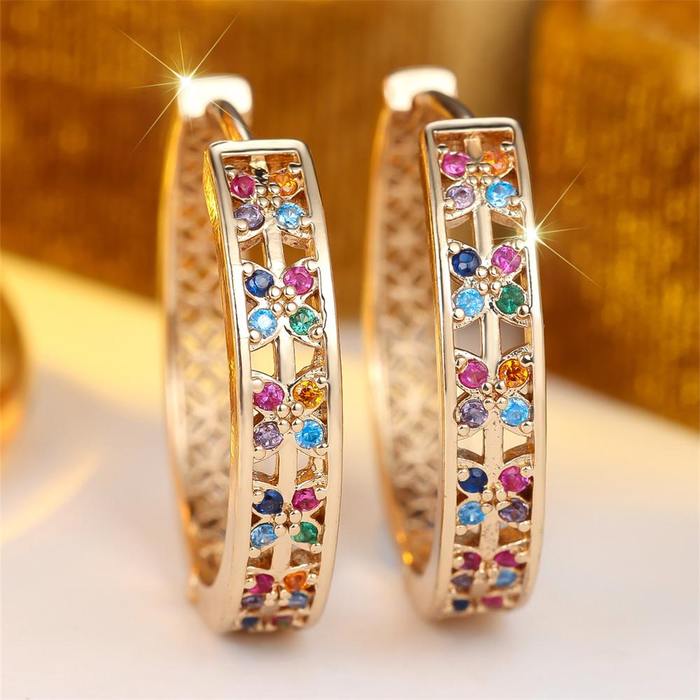 Multicolor Zircon Small Flower Round Stone Hoop Earrings For Women Vintage Gold Color Engagement Ear Buckle Wedding Jewelry Gift