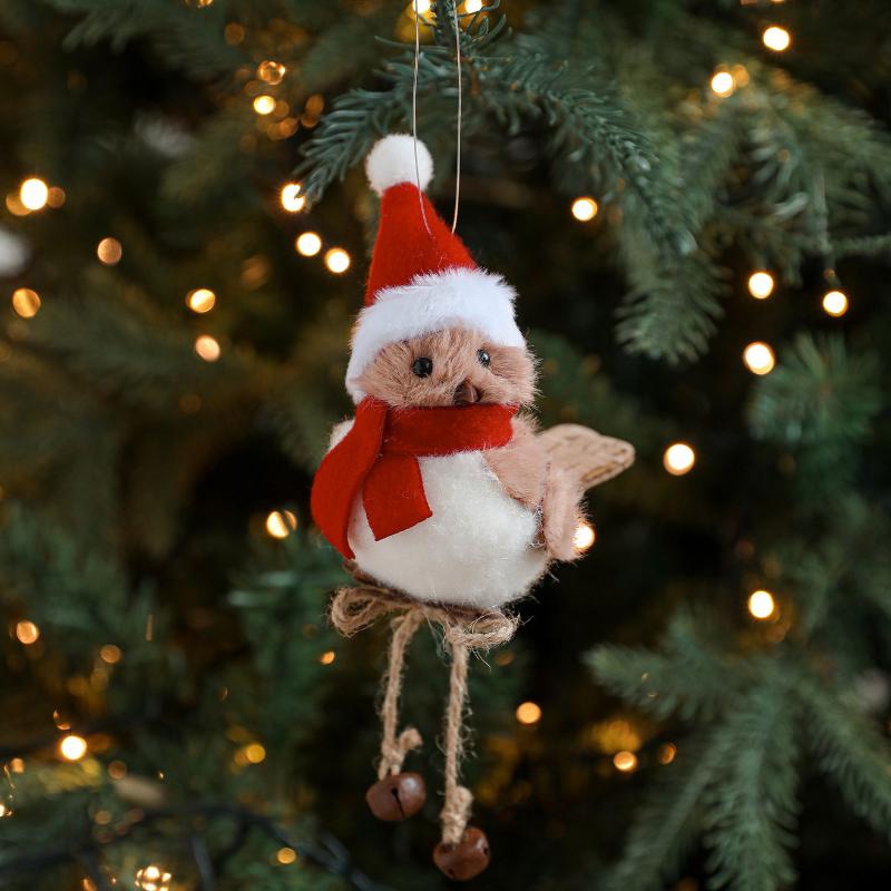 1Pcs Year Christmas Tree Hangings Faux Foam Bird Ornament Pendant Wool Felt Red Scarf Hat Birdie Navidad Decoration