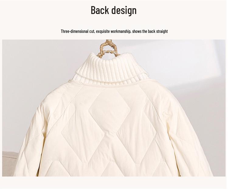 Women's Diamond Quilted V-Neck Down Jacket - White Petite Lightweight Outerwear, Short Autumn/Winter 2024 Fashion.