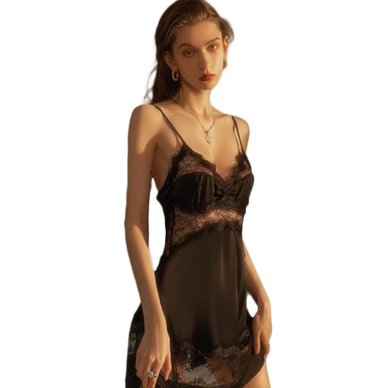 Sex Underwear, Sexy Lace, Deep V Beauty Back Lace-up Suspender Nightdress, Hollow Perspective Thin Pajama Set