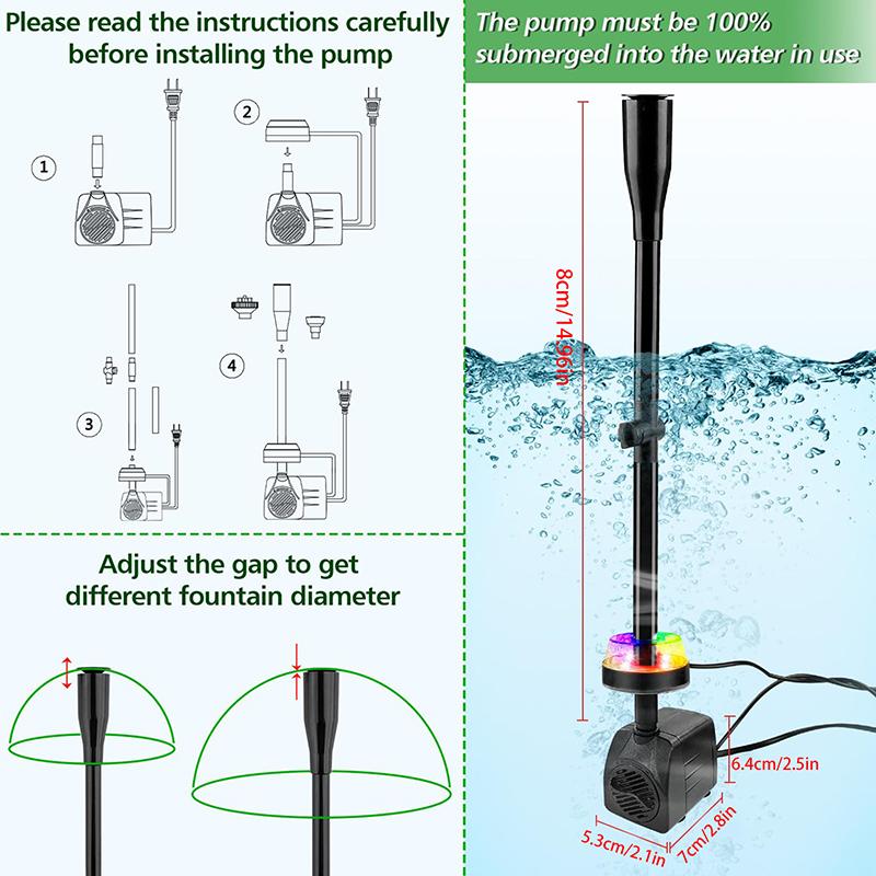 15W 800L/H Submersible Pond Fountain Pump With Led Lights, Ultra Quiet Water Pump, Pond Fountain Pumps For Small Pond