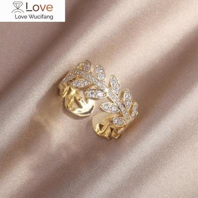 Korea Design Modeschmuck 14 Karat Echtvergoldung Blatt Weizenohr Zirkon Ring Eleganter Damen Öffnung Verstellbarer Ring