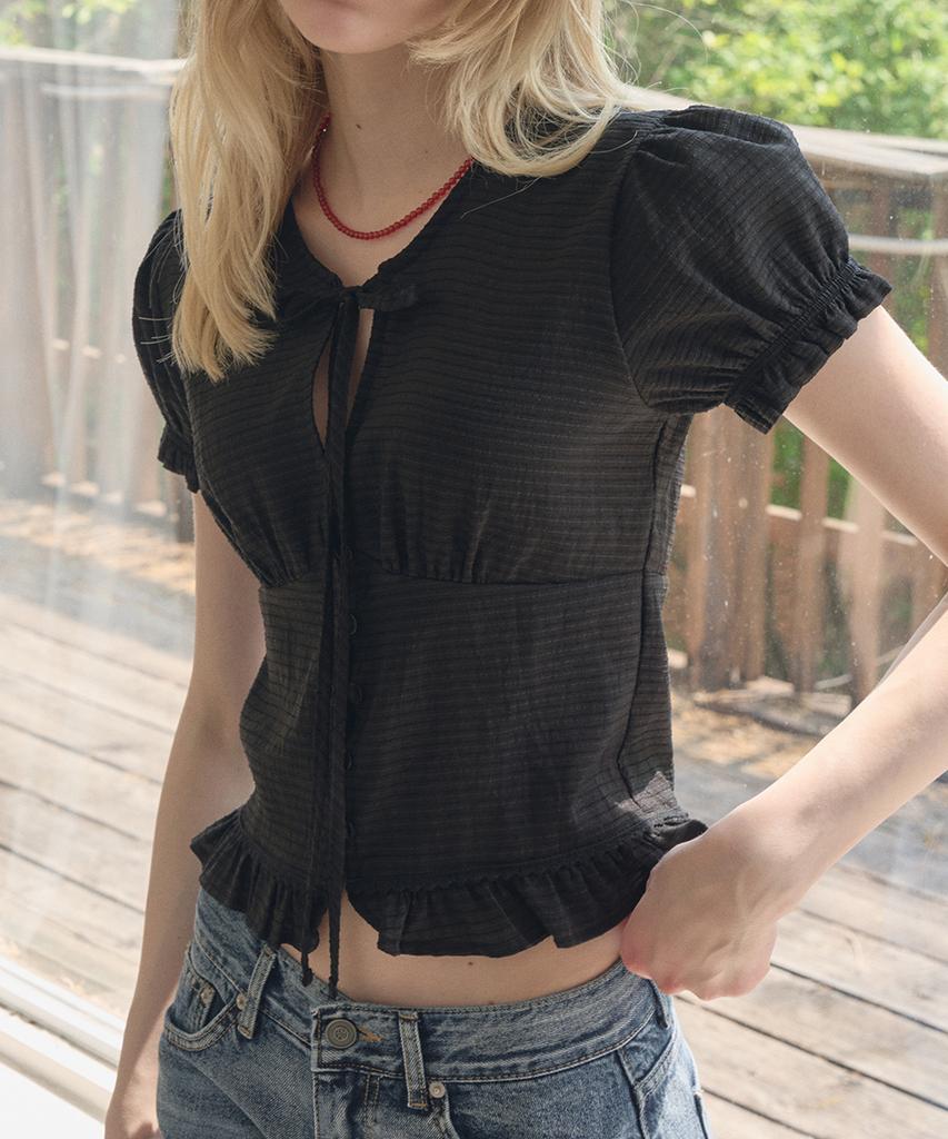 HAINT Sia Sheering Crop Tie Blouse 2Col_Black