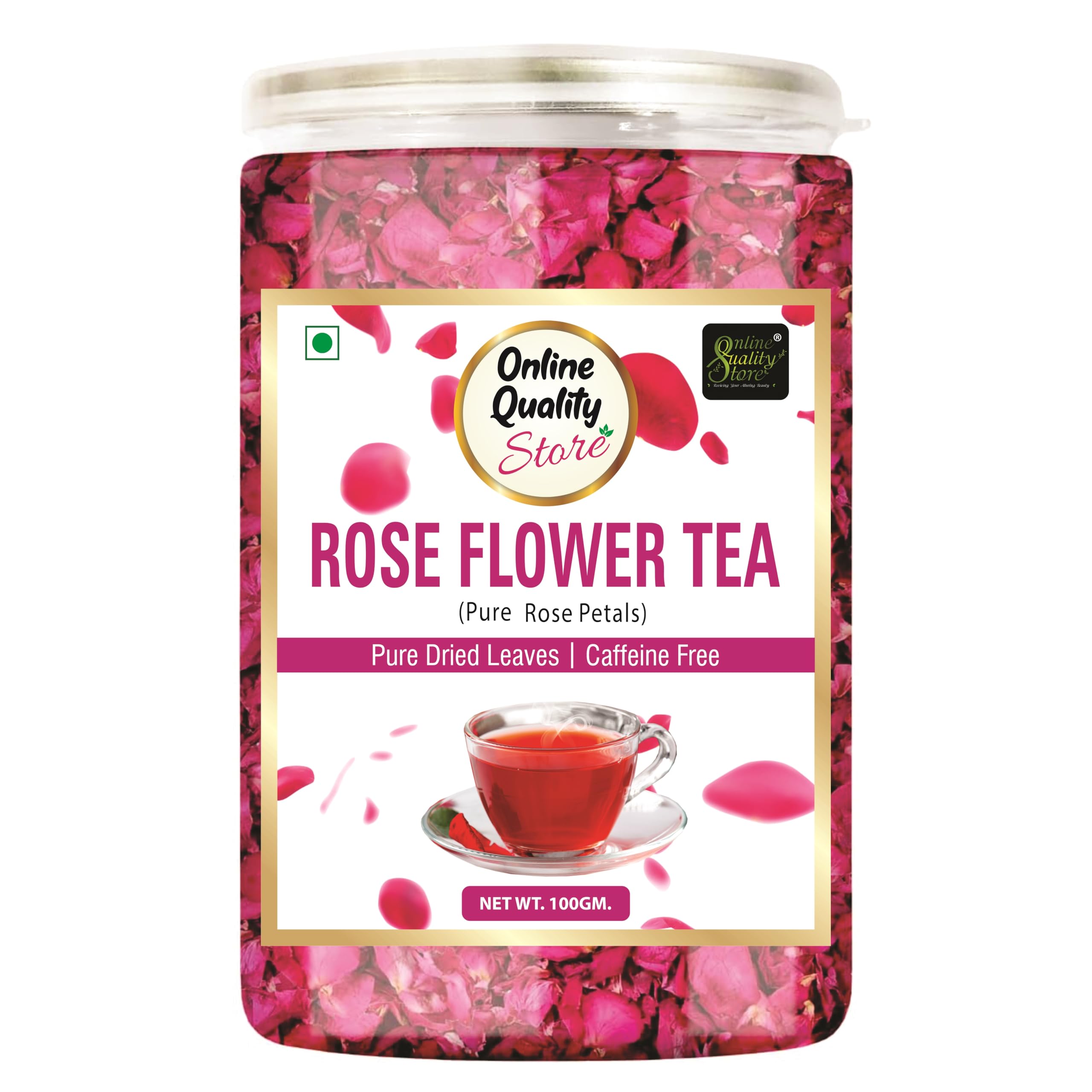 

Online Quality Store Rose Flower Tea - 100g | Caffeine Free Herbal Tea | Use for Iced Tea, Cocktails | Cures Sore throat |Rose |Dried Leaves