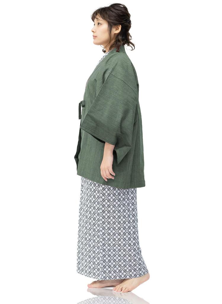 Yukata Inn Set Inn for Women [KYOETSU] Set, Yukata, 4-piece (haori, Yukata, Obi, Laces) (Yukata-145, Haori-Green)