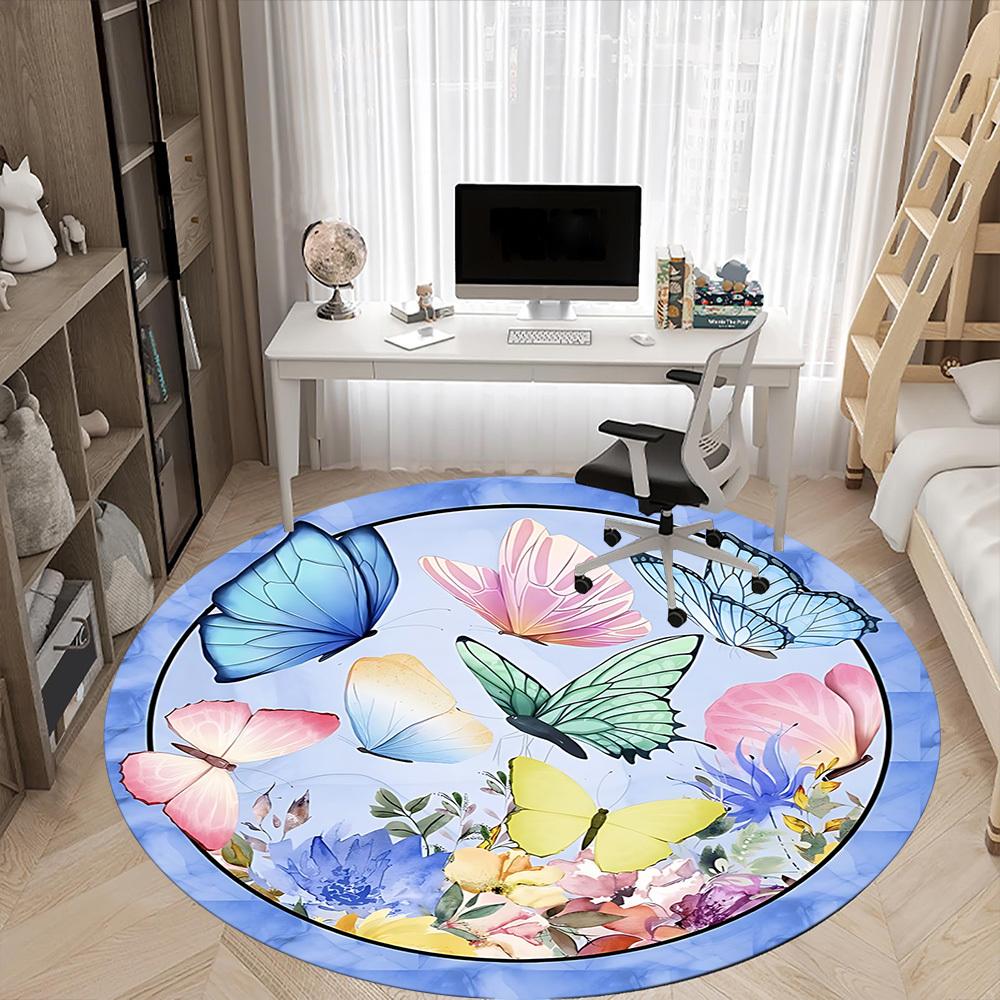 1pc Butterfly Floral Pattern Carpet for Office Non Slip, Round Carpet, Soft & Comfortable, Carpet for Office, Lightweight Round Floor Mat