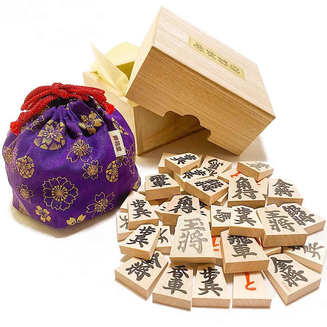 Tendo Shogi Pieces: Maple Leaf Embossed Shogi Pieces and Suzukado Original Piece Bag (Japanese Pattern Purple)