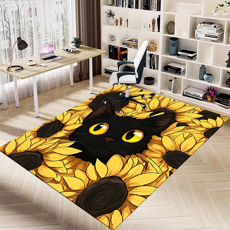 1PC Black Cat Sunflowers Anti-slip carpet, suitable for Office, bedroomand playrooms. It can also be used as a sofa footrest cover-W93