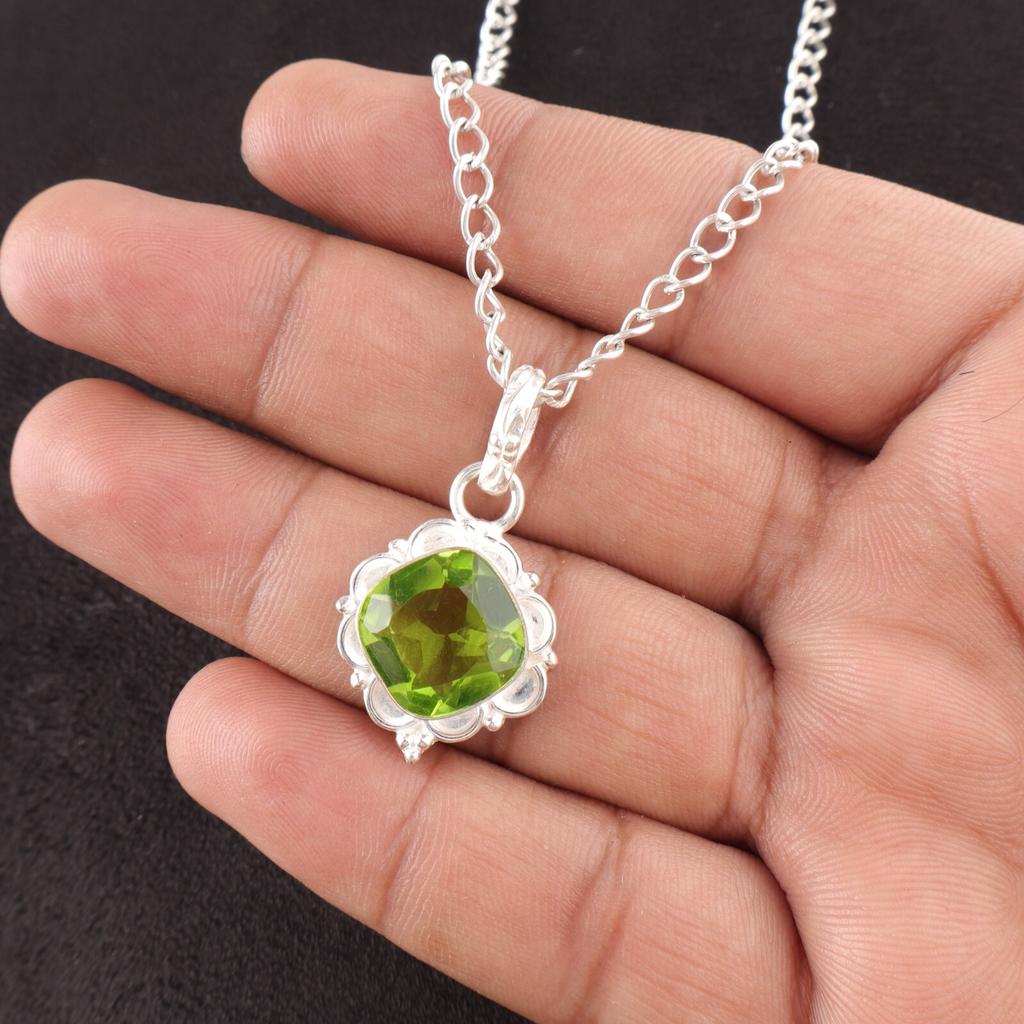 Cushion Peridot Gemstone 925 Sterling Silver Mother Gift August Birth Pendant PP-2-6