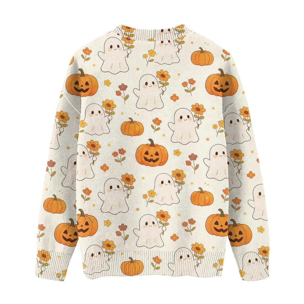 Women's Casual Long Sleeve Halloween Print Round Neck Knit Sweater Top