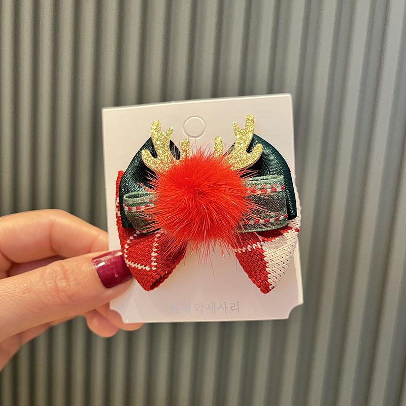 

Принцеса Різдвяний Головний Убір: Червоно-зелений бант із бічним затискачем Санта-Клауса та ланцюжком, помпон для волосся для дівчаток