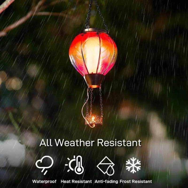 Vintage Solar Garden Lamp LED Flame Effect Hot Air Balloon Outdoor Decor Metal Glass Flickering Lawn Light Waterproof
