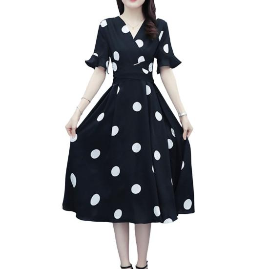 Dekolt w serek, wzburzyć, z krótkim rękawem, damska sukienka, talia, sznurowana, wysoka talia, duże obszycie, letnia, duża, w kropki, drukuj, sukienka Midi, odzież damska