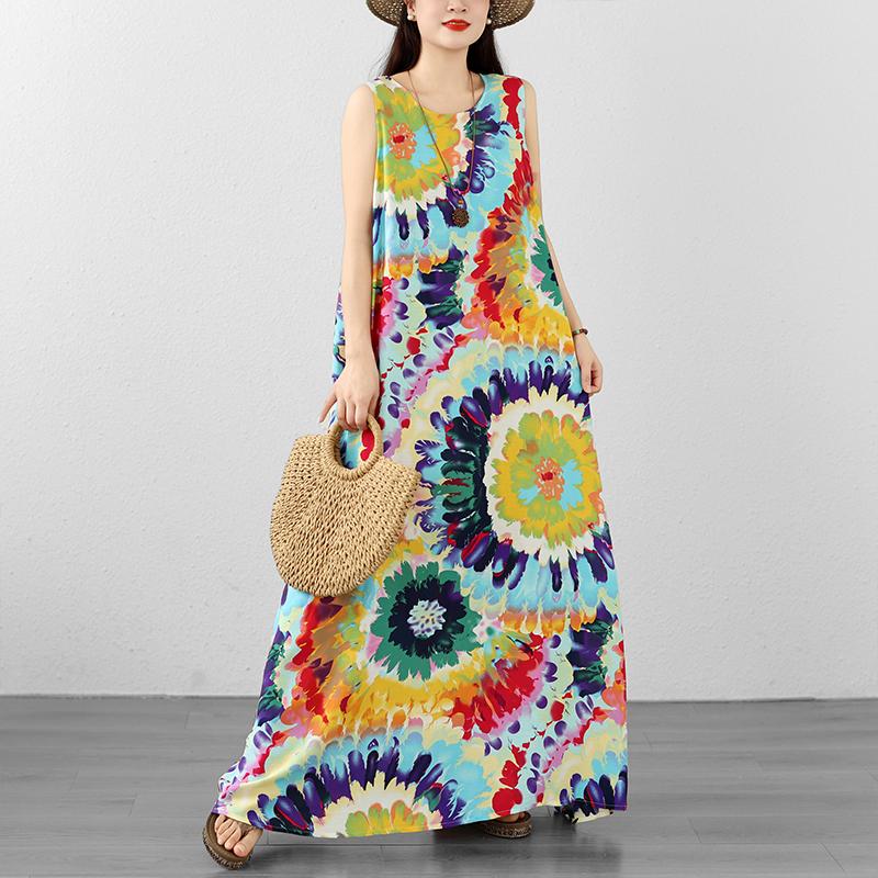 DIMANAF 2026 Women Plus Size Summer Beach Lady Long Dress Clothing Vest Sleeveless Vintage Loose Oversize Maxi Print Sundress