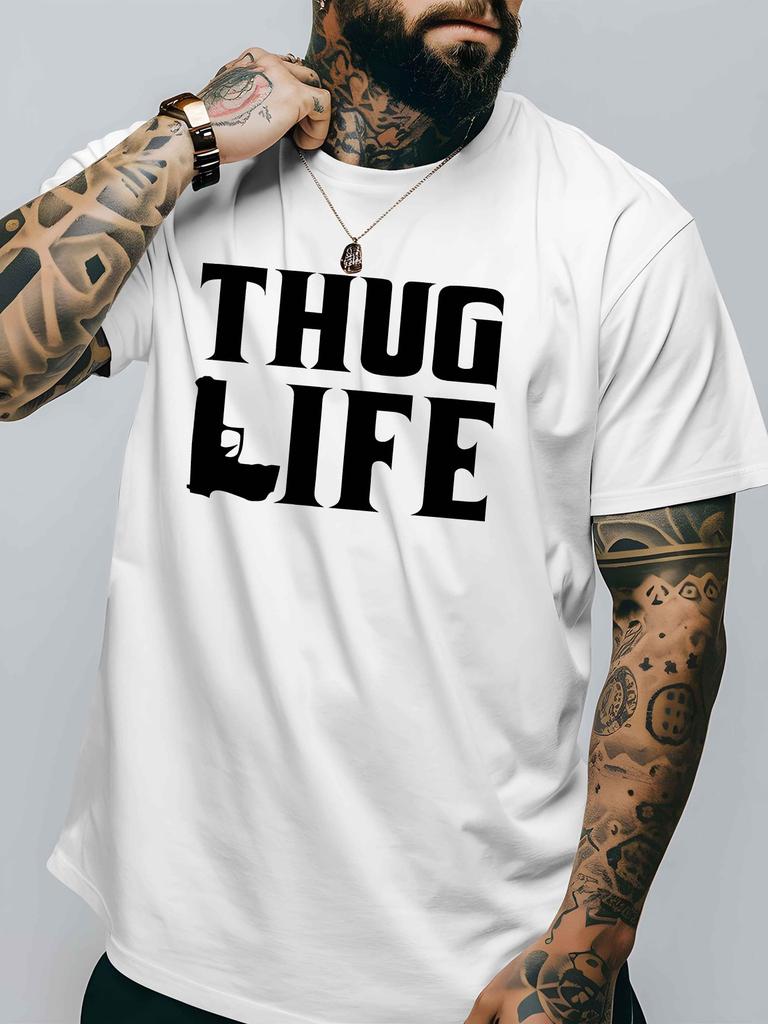 Mens Crew Neck T Shirt Thug Life Bold Letter Graphic Short Sleeve Casual Cotton Retro Hip Hop Style Streetwear Tees