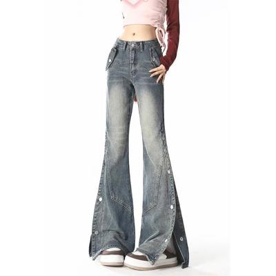 American Retro Micro Flared Women Jeans In High Street Gothic Split Design for Men and Women Pants High Waisted Jeans