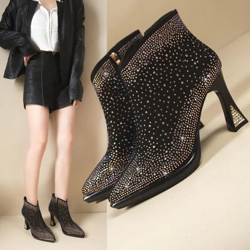 2025 New Sexy Luxurious Banquet Pointed Toe Women's Short Boots Thick Square High Heels Shiny Rhinestone Mid-Calf Modern Boots