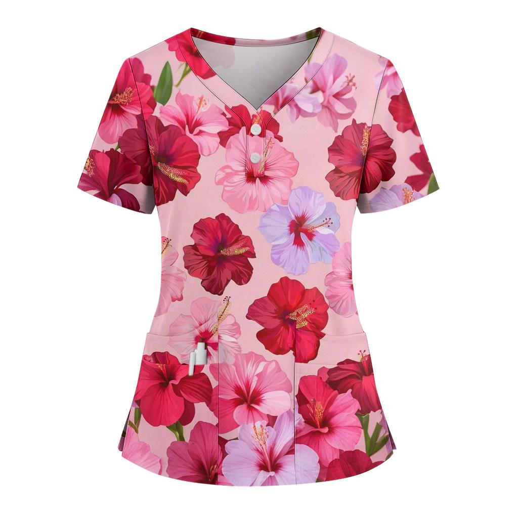 Women's Loose Short Sleeved Fashionable Flowers And Plants Printing V-neck Buttonable Side Slit Top T-shirt