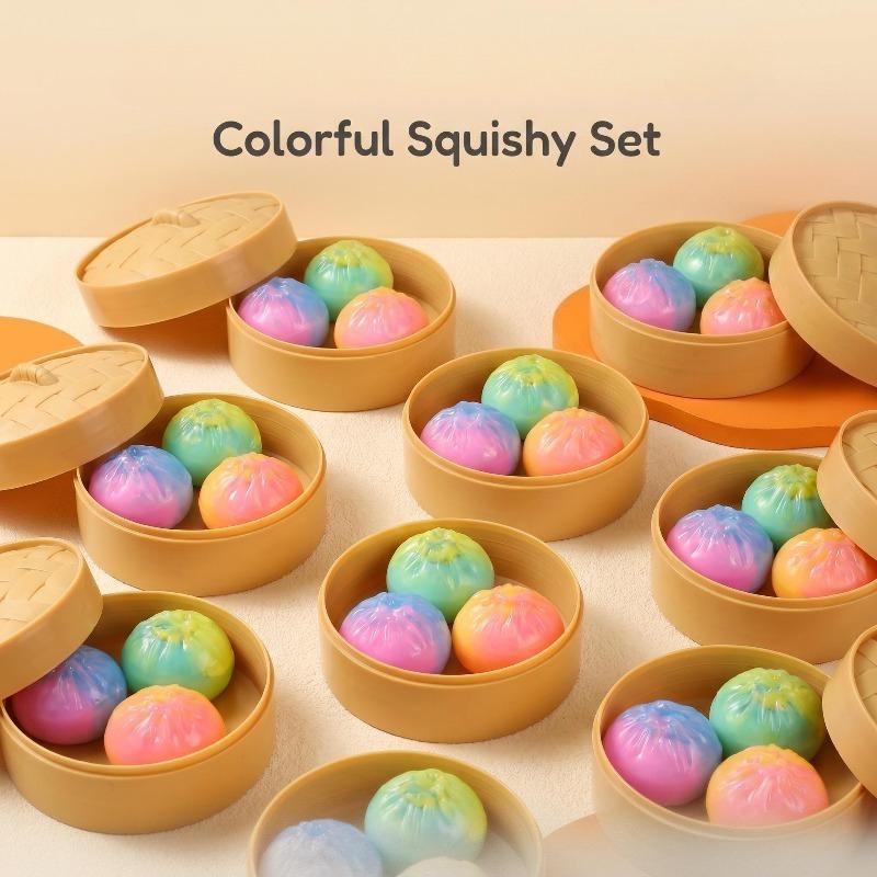 4-piece set: 1 steamer + 3 bun-shaped toys (colors shipped randomly). Fun and unique glitter squishy bun toys, comes with a storage steamer box.