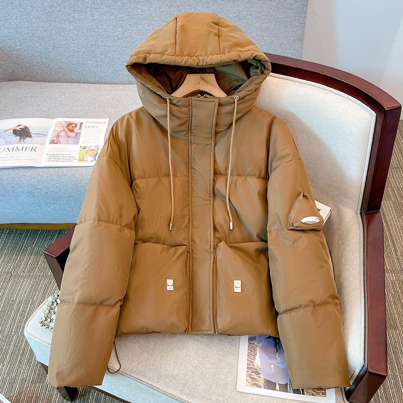 Women Autumn Winter Hooded Collar Long Sleeve Solid Color Warm Coat Drawstring Zipper Loose Parka