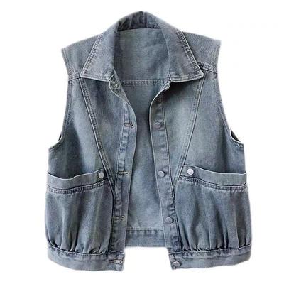 Blaue Jeansweste für Damen, frühe Retro-Mode, große Tasche, lässig, Joker, ärmellose Weste, Tanktop