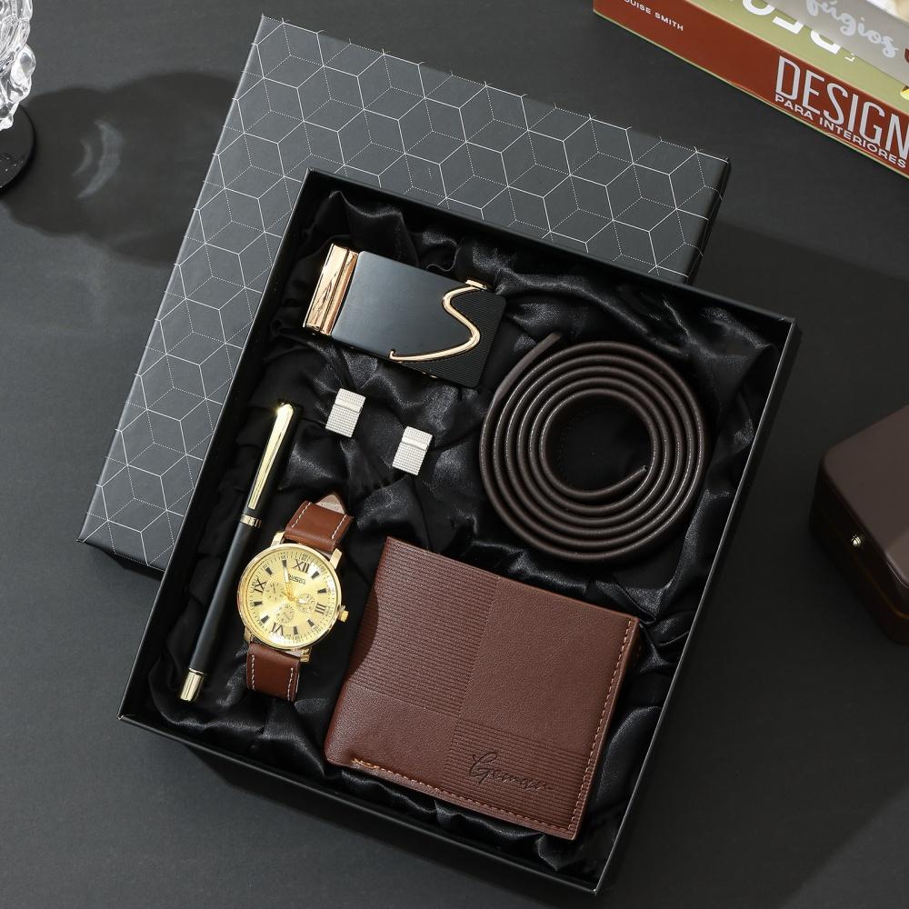 New Luxury Men's Accessory Set Watch Belt Wallet Pen Keychain Bracelet Cufflinks Sunglasses Gift Box for Dad Husband Boyfriend