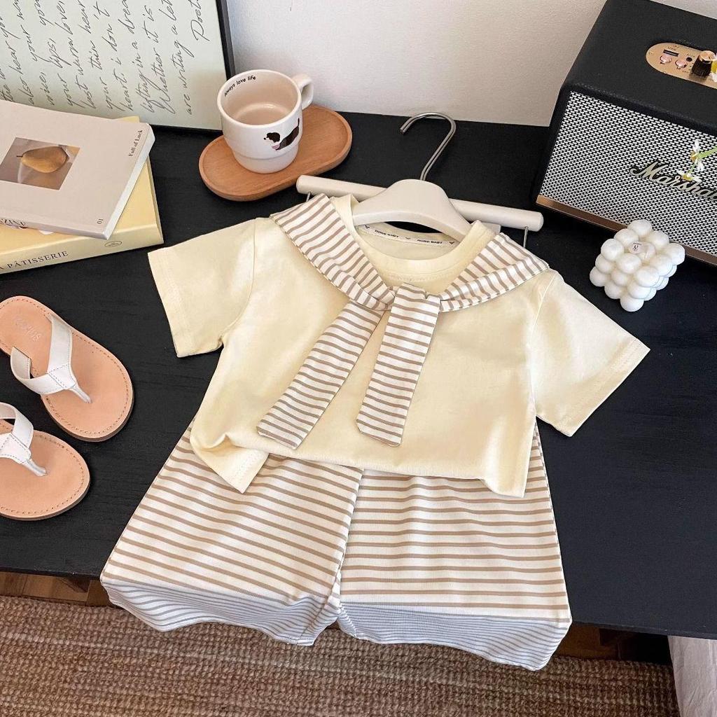 Mädchen Dopamin Gestreifter Schal & Weitbein Hose Set - Sommer 2025 Kollektion