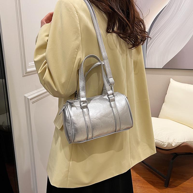 Solid Color Cylinder Pillow Bag Minimalist Large Capacity Women Handheld Shoulder Crossbody Bag Black Silver