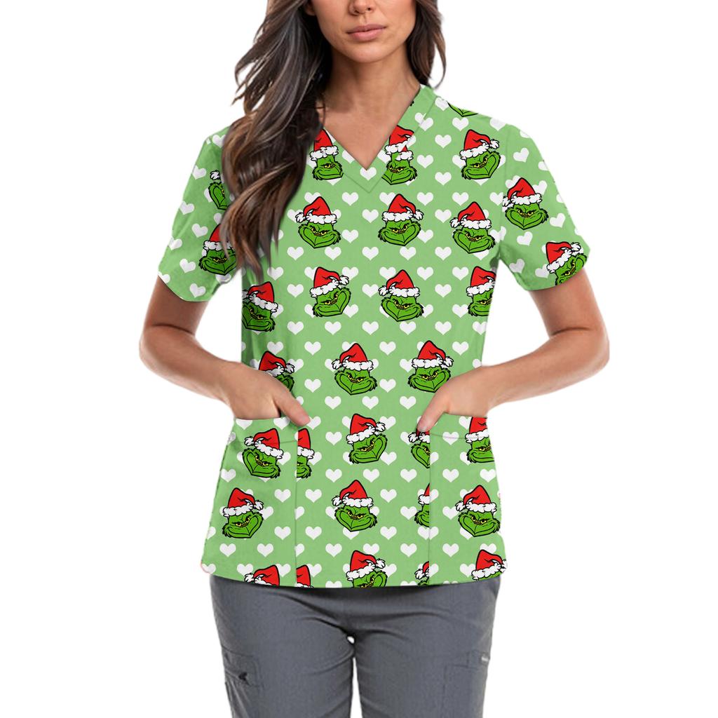 Women's Cute Bow Printed Work Clothes V-neck Double Layer Pockets Basic Short Sleeve Top Pullover