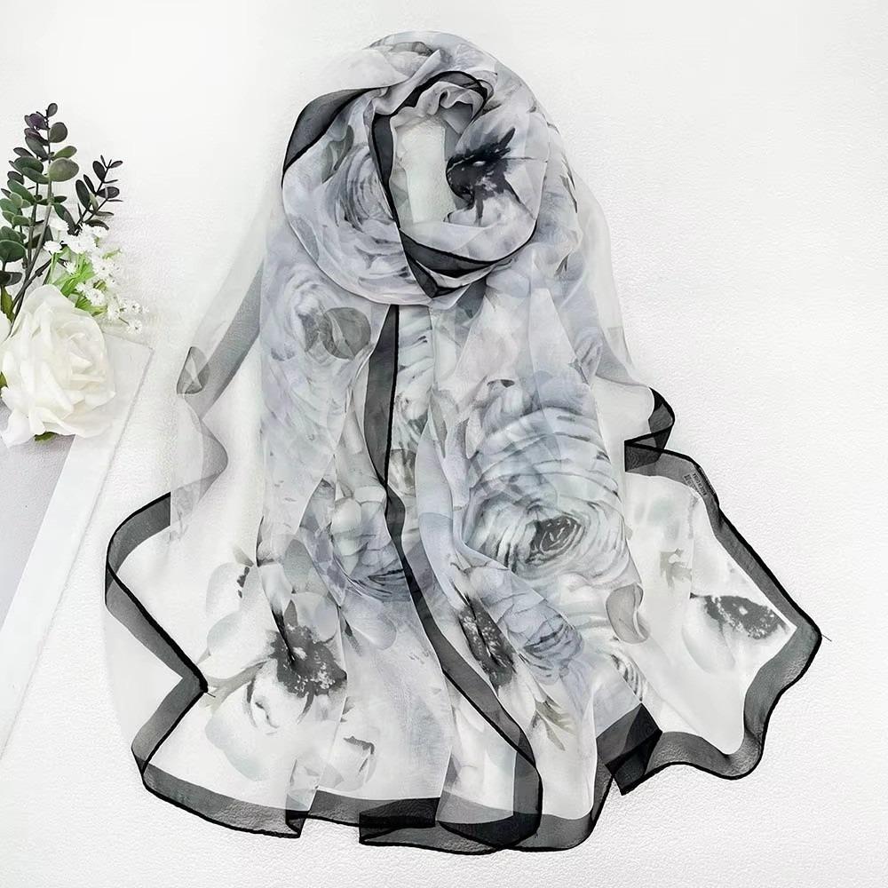 Thin Soft Long Chiffon Scarf Flower Print Beach Scarves Sun Protection Scarf for Casual Wear