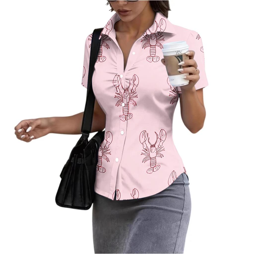 Damen Kurzarm Hemd mit Knöpfen Slim Fit Hummerdruck mit Kragen Sommer Bluse Leichtes Lässiges Oberteil für den täglichen Gebrauch