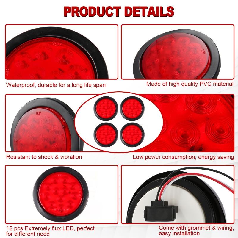 2/4pcs 4 Inch 12 LED Stop Turn Tail Brake Light Round Waterproof Tail Light for Trailer Truck