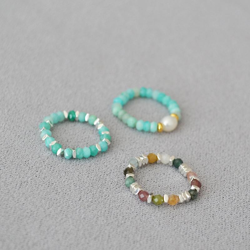 Summer Vintage Natural Stone Colorful Beaded Ring Personalized Simple Elastic Finger Ring Jewelry