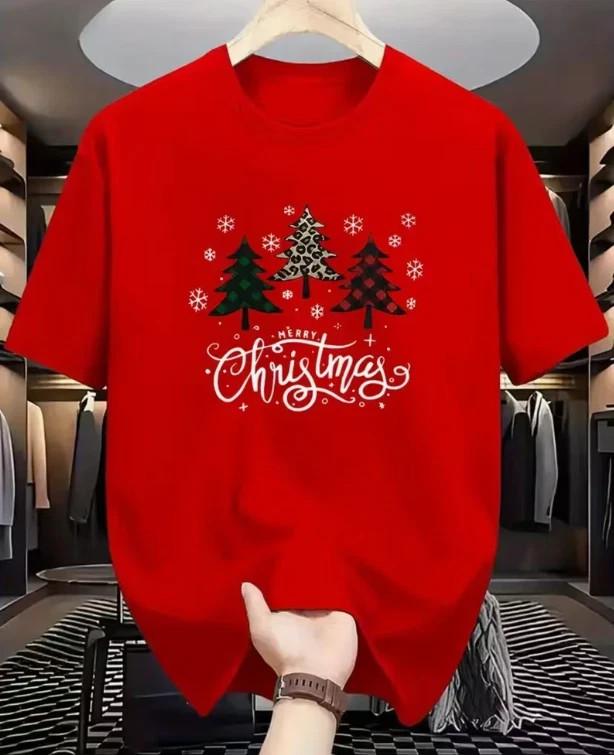 Men s Christmas Tree Print T-Shirt Black Red Lettering Snowflake Print Tee M