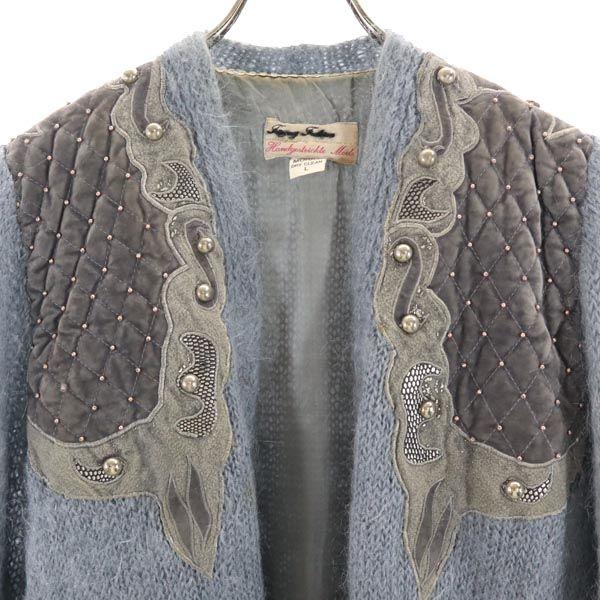 VINTAGE 80s Long sleeve Mohair knit cardigan L Blue Women Used